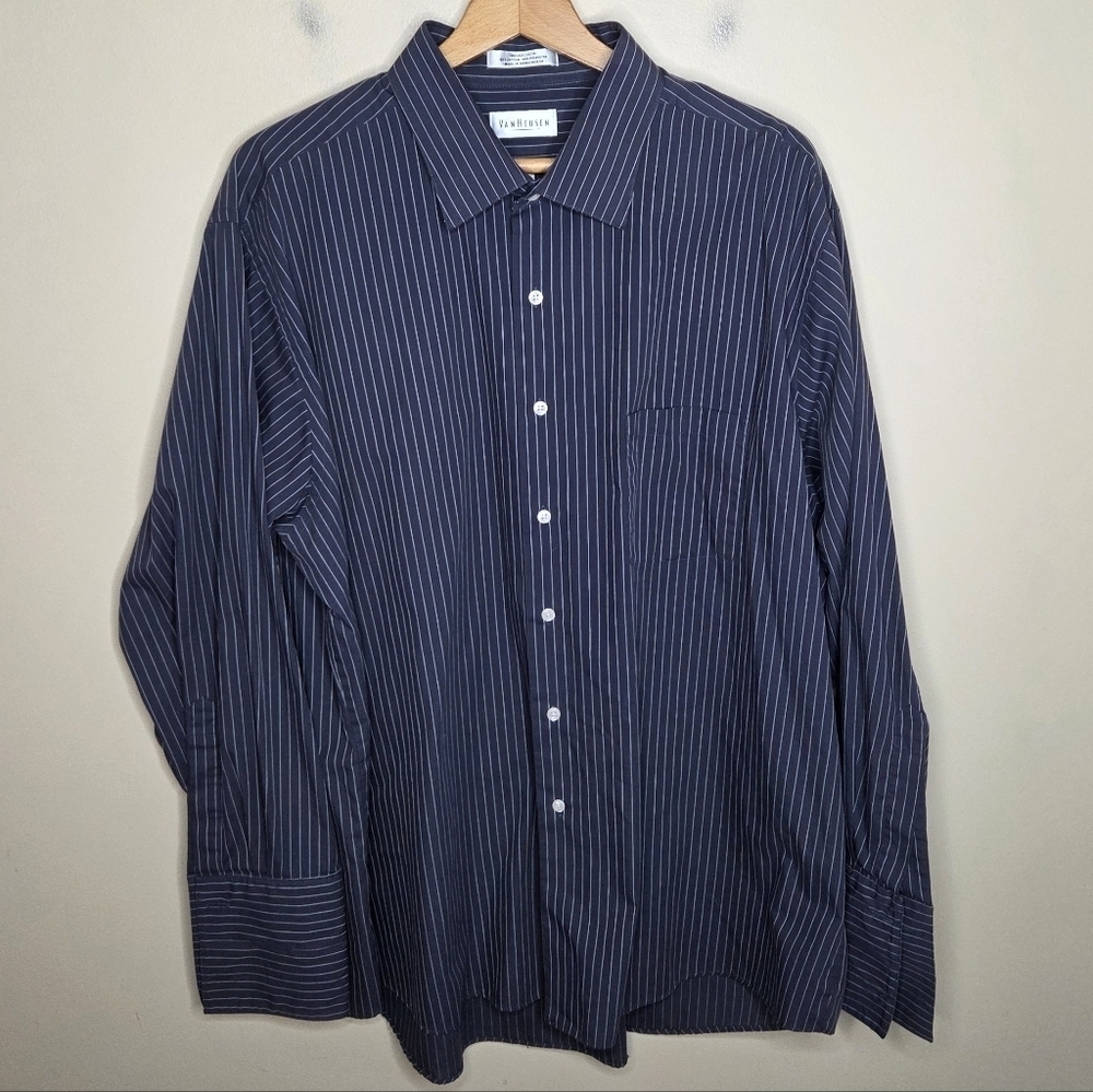 VanHeusen | Dark Charcoal Gray & White Pinstripe Button Front Shirt French Cuff
